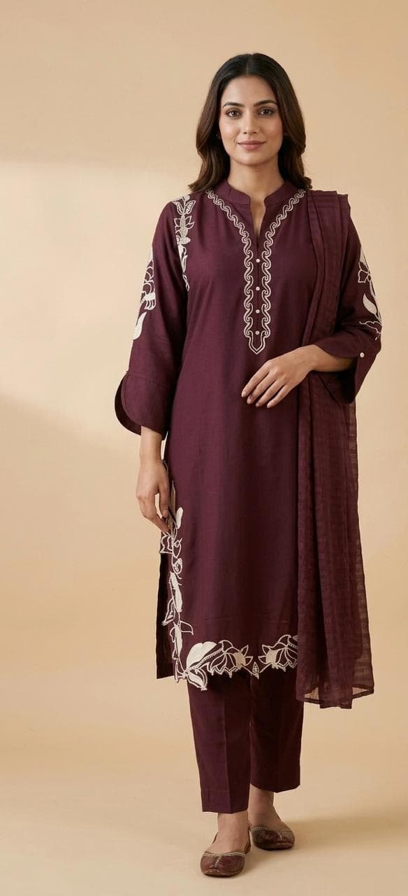 Wine Rayon Embroidered 3 Piece Kurta Set