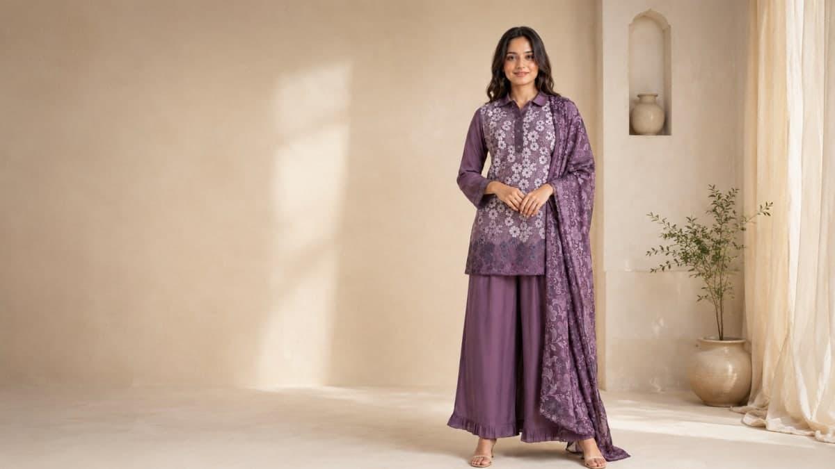 Wine Muslin Embroidered Short Kurti with Divider & Dupatta Set