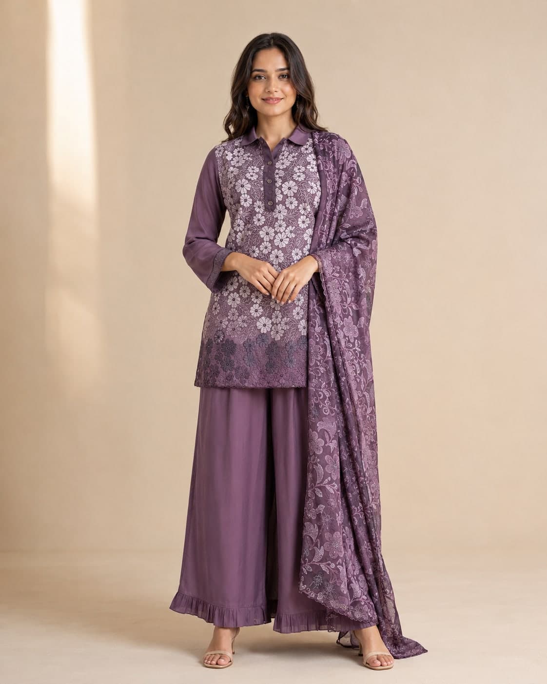 Wine Muslin Embroidered Short Kurti with Divider & Dupatta Set